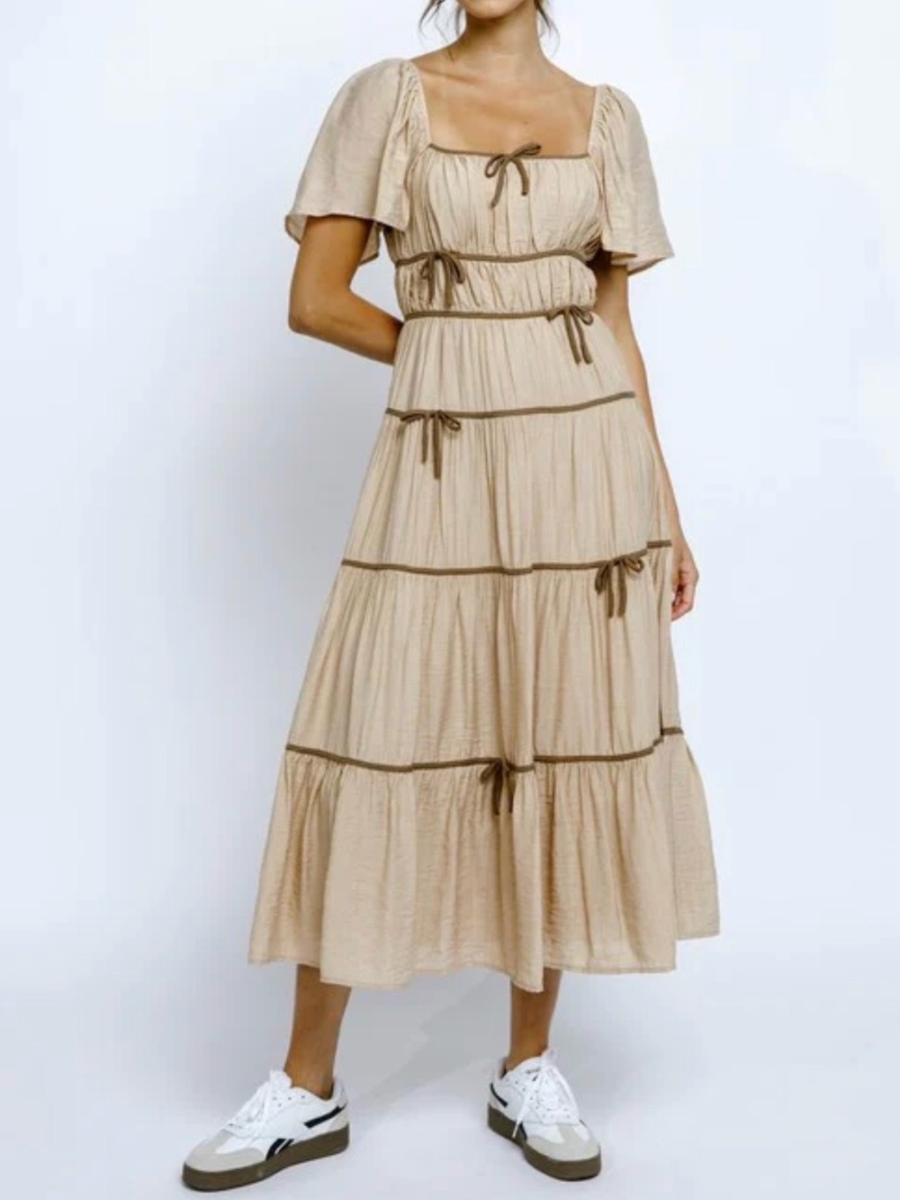 Storia Beige Tiered Midi Dress with Tie Accents